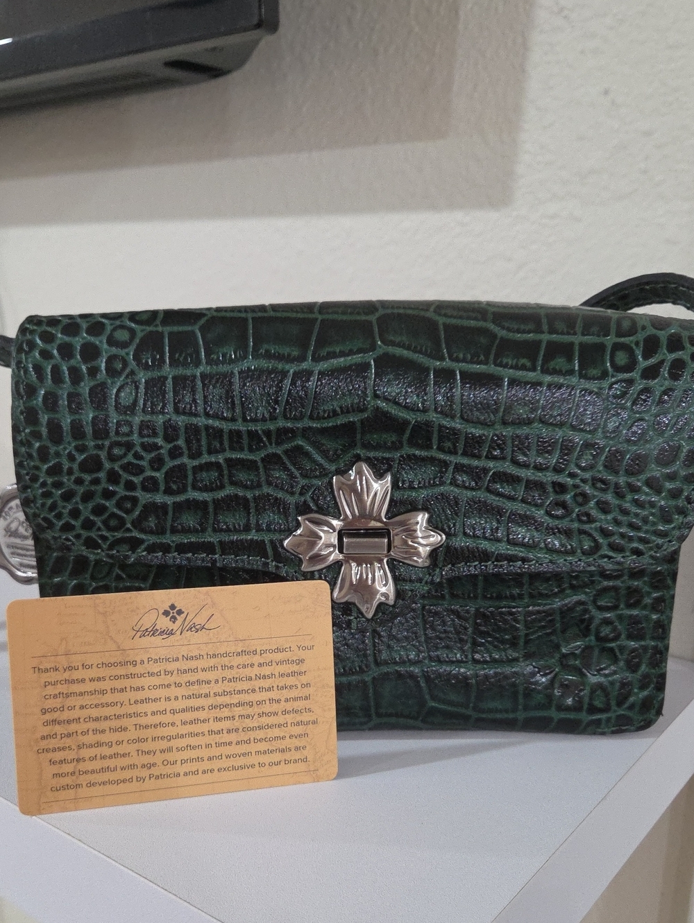Patricia Nash Dark Green Croc-Embossed Crossbody with Silvertone Floral Clasp